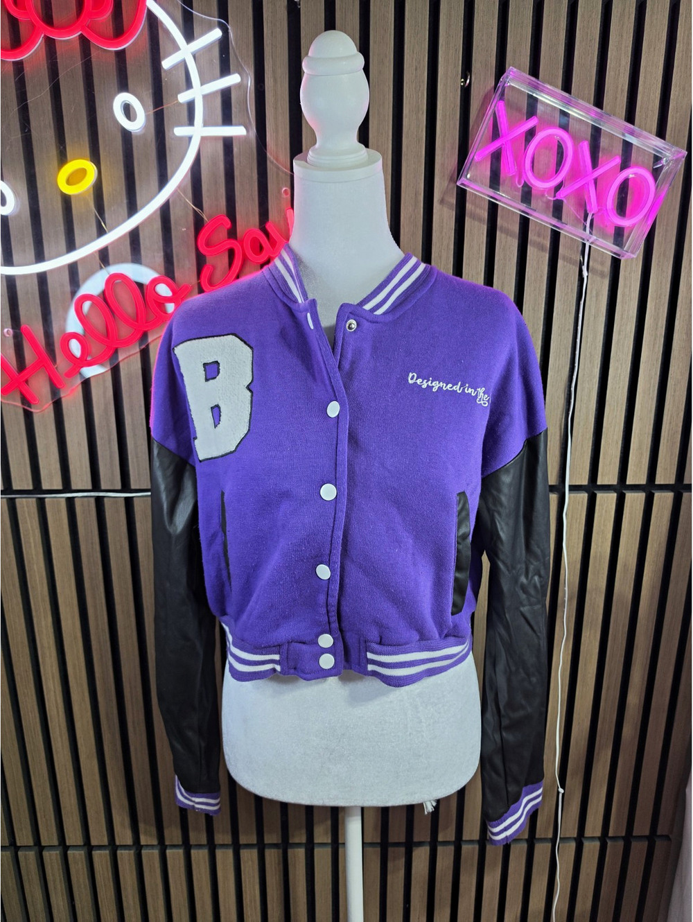 New Look Varsity Jacket Womens L Purple Black Snap Front Letter Patch Pockets